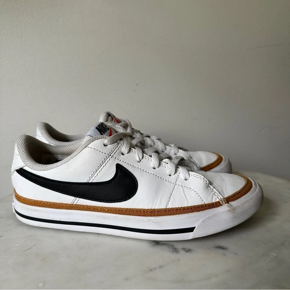 Nike Court Legacy 3.5Y White Sneakers with Black Swoosh and Brown Accents